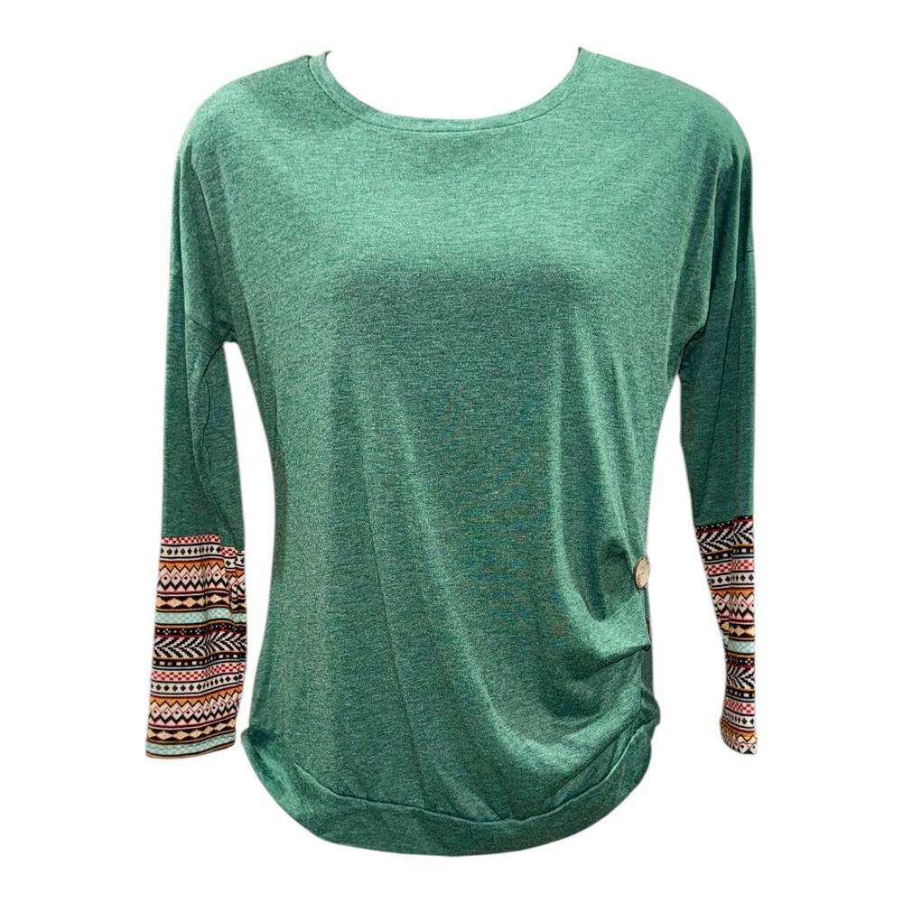 Anicco Women's Long Sleeve Green Ruched Tunic Top Casual Normcore Size LG